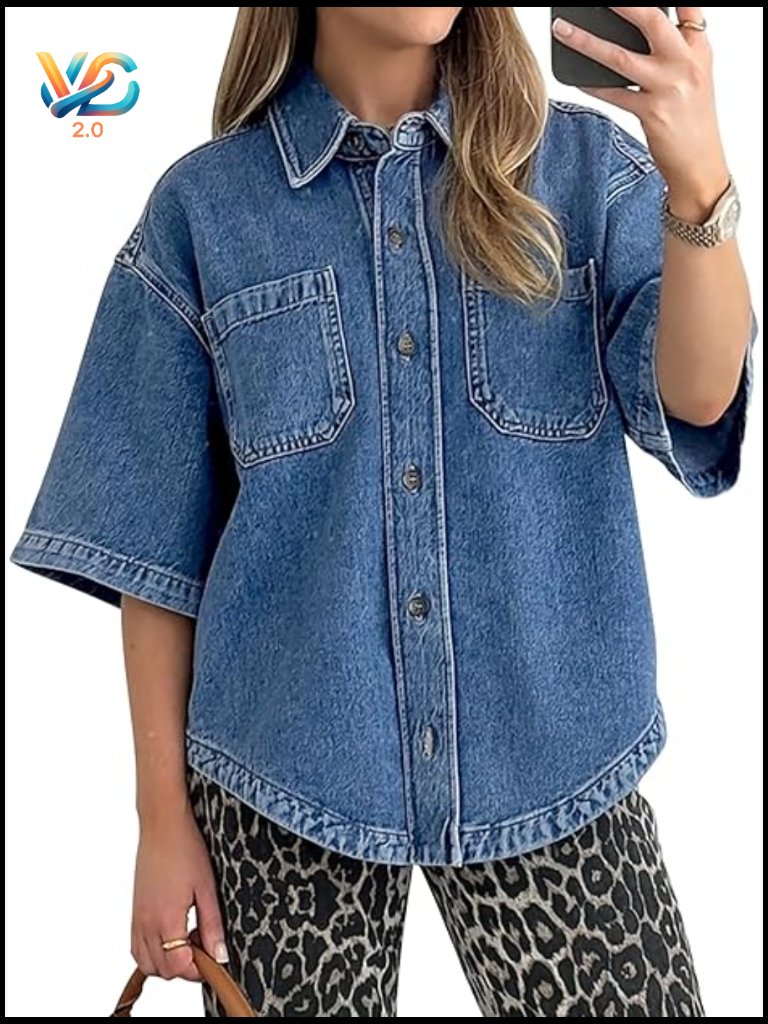 Women's Button Down Denim Shirt Short Sleeve Oversized Blouse